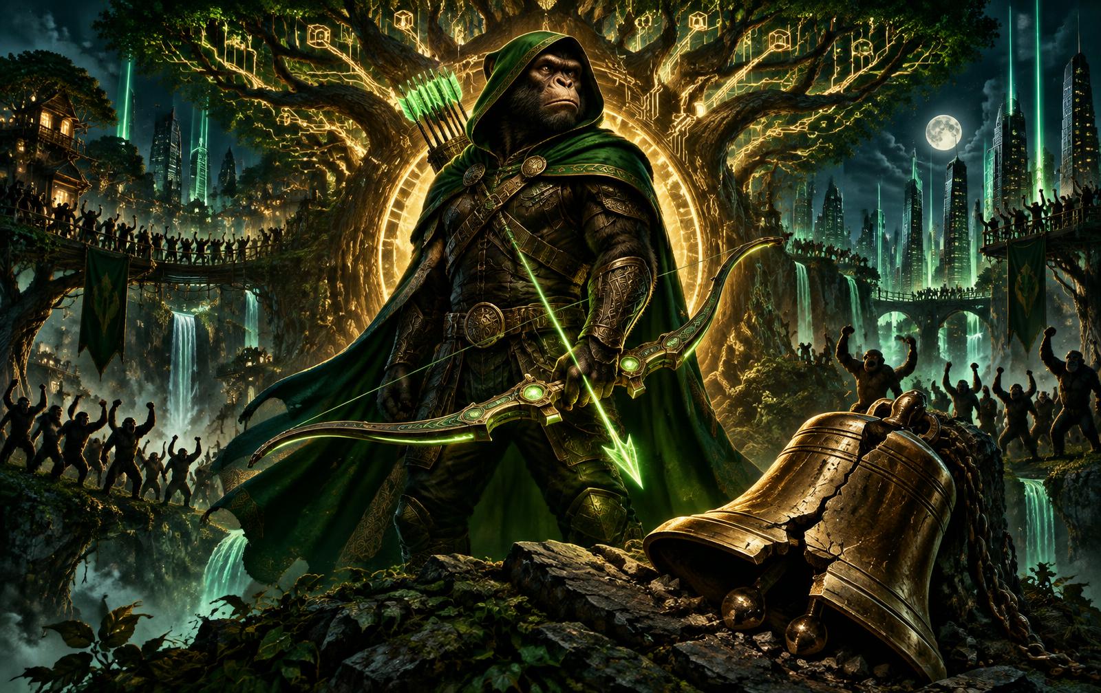 Original hooded ape guardian standing before a luminous circuitry tree in Sherwood