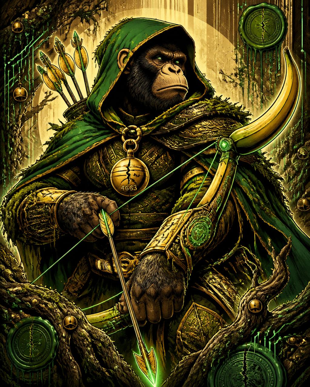 Banannahood in an emerald cloak holding a glowing banana-shaped Nodebow